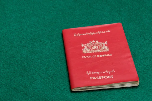 Myanmar Burmese Passport Green Table — Stock Photo, Image