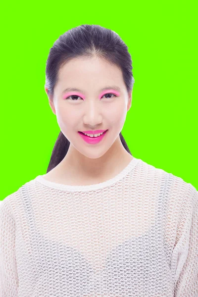 Portrait Asian High School Girl Bright Green Background Skincare Concept — Stock Photo, Image