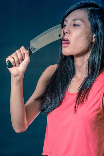 Sensual Chinese Woman Licking Chef Knife Filter Look — Stock Photo, Image