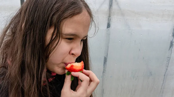 Ásia americano tween menina comer morango — Fotografia de Stock