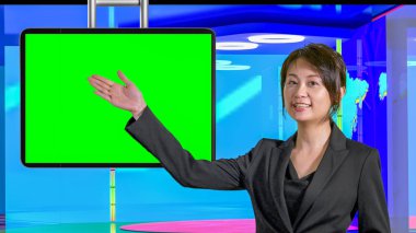Female Asian News anchorwoman in virtual TV studio, original des clipart