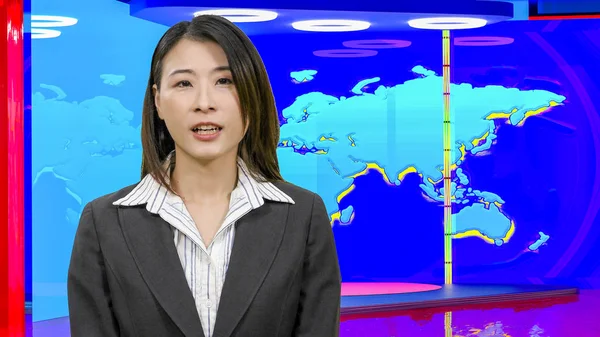 Female Asian News anchorwoman in virtual TV studio, original des — Stock Photo, Image