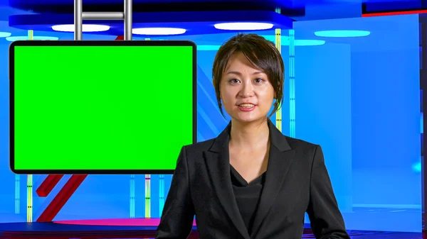 Mujer Asian News presentadora en estudio de TV virtual, original des — Foto de Stock