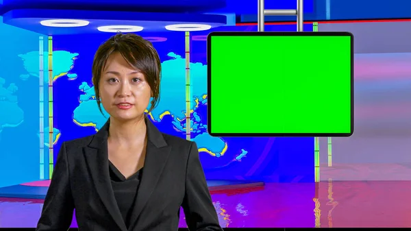 Vrouwelijke Aziatische nieuws Anchor Woman in Virtual TV studio, Original des — Stockfoto