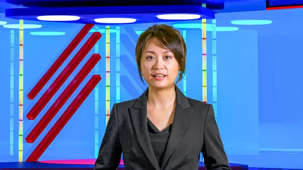 Femmina Asian News conduttrice in studio TV virtuale, originale des Foto Stock Royalty Free