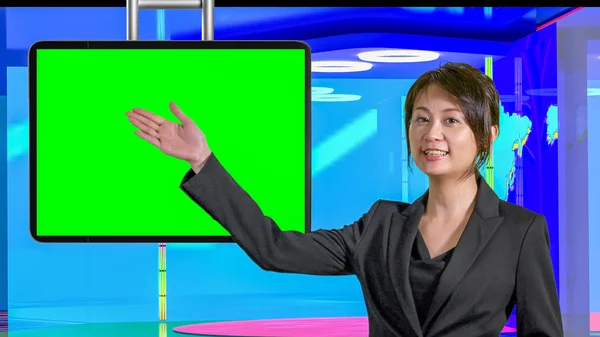 Femmina Asian News conduttrice in studio TV virtuale, originale des Immagine Stock