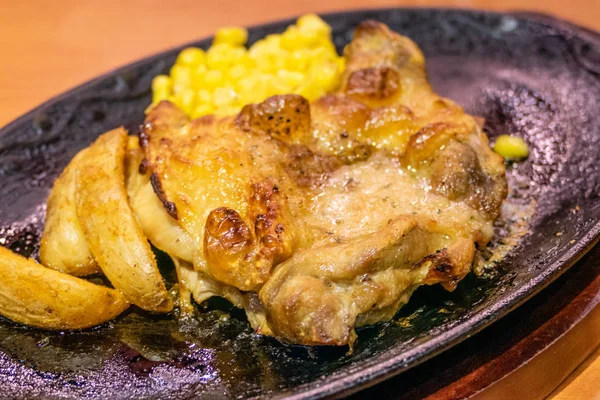 Chicken, French fries, and corn in plate — Stock Photo, Image