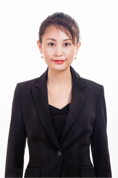 Azji Amerykański Bizneswoman Patrząc Aparat Fotograficzny Białym Tle — Zdjęcie stockowe