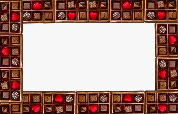 Рамка Различных Шоколадов Красным Сердечным Шоколадом — стоковое фото