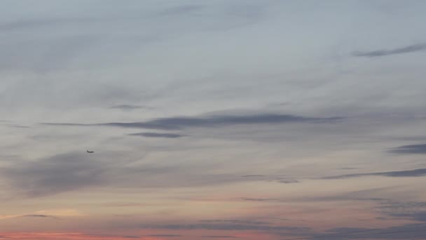 民間航空機はゴールデンアワータイムで夕日の夜空を横切っています — ストック動画