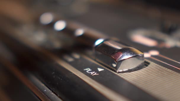 Finger Pressing Play Button Vintage Audiorecorder Closeup Macro View — Stock Video