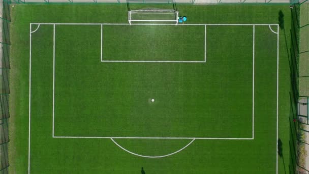 Pitch Uppifrån Ovanifrån Från Drönaren Fotbollsplanen Stigande Kamera Högkvalitativ Film — Stockvideo