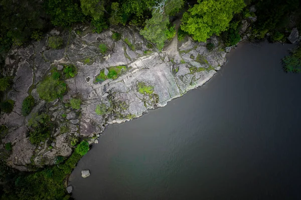 周りの石や木と野生の岩の海岸 上からドローンからの上空の空中高角度ビューのトップダウン — ストック写真