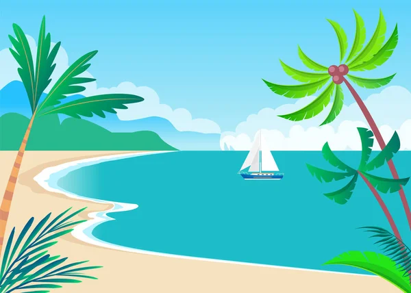 Pohled na Slunečné pobřeží s palmami a roztomilý nádoby — Stockový vektor