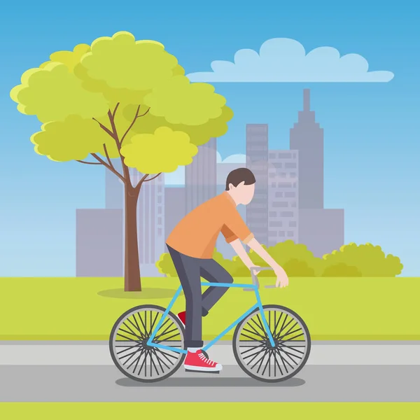 Hombre paseos en bicicleta a lo largo del camino con la ciudad en Horizonte — Vector de stock