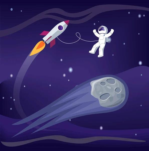 Espace Astronaute Avec Vaisseau Spatial Météore Astéroïde Affiche Avec Cosmonaute — Image vectorielle
