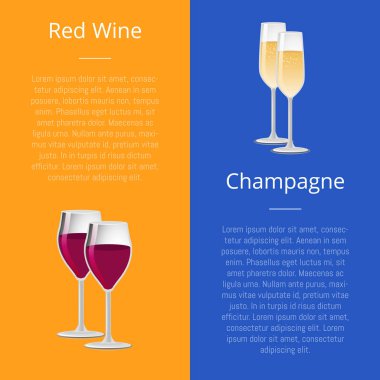 Kırmızı şarap ve şampanya gözlük posterler kümesi