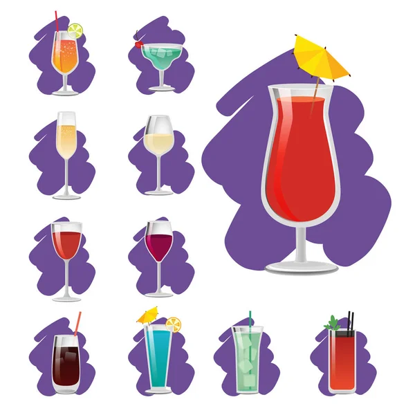 Set de copas brillantes con diferentes bebidas Banner — Vector de stock