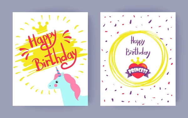 Two Happy Birthday, Princess Vector Illustrations — Stock Vector