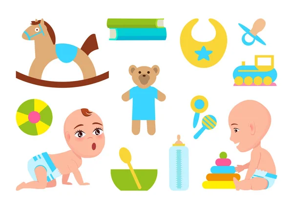 Bebês bonitos com brinquedos cor vetor ilustração —  Vetores de Stock