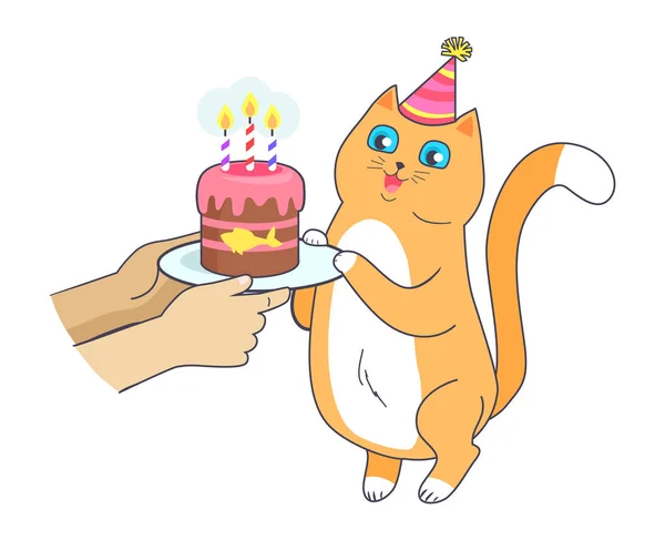 Кіт має день народження, святкування з торт вектор — стоковий вектор