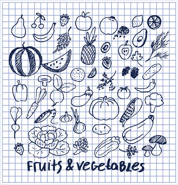 Conjunto de Frutas y Verduras de Elementos Dibujados a Mano — Vector de stock