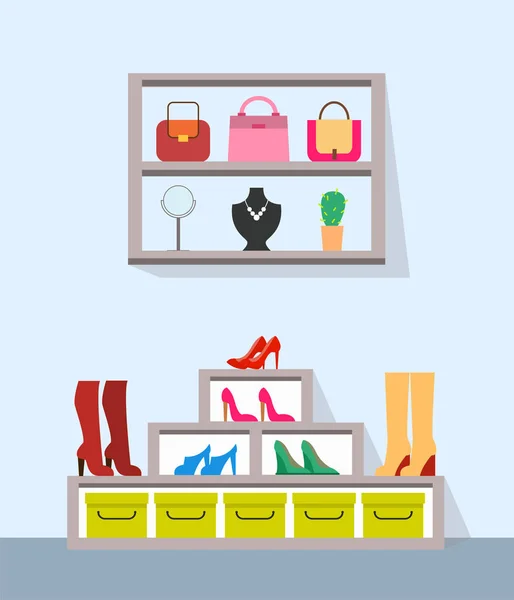 Shelves with Handbags Jewelry and Varied Footwear — Stock Vector