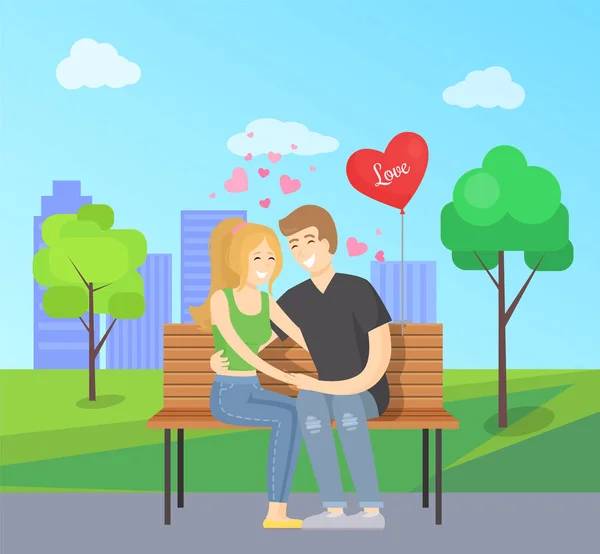 Liefde Concept illustratie vrolijk paar zit Bench — Stockvector