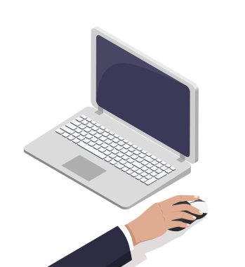 Erkek eli açık dizüstü bilgisayar fare dokunmadan yakınındaki