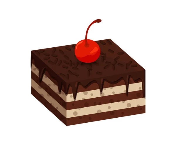 Leckerer Kuchen mit dunkler Schokolade und Kirschen obendrauf — Stockvektor