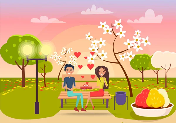 Jeune homme et femme assis sur le banc et détient un cadeau — Image vectorielle