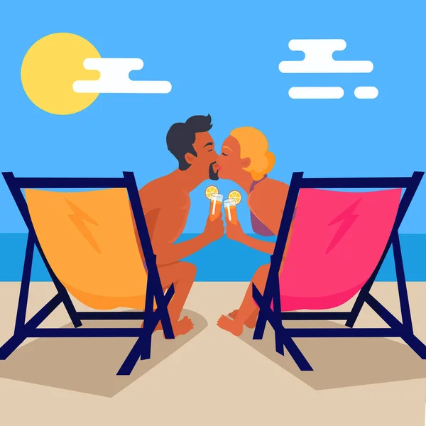 Пара сидить на складні крісла з коктейлями та поцілунків — стоковий вектор