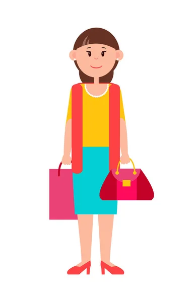 Ενήλικη γυναίκα σε Casual ρούχα με τσάντα για ψώνια — Διανυσματικό Αρχείο