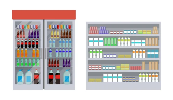 Supermarkt und Regale Plakatvektorillustration — Stockvektor