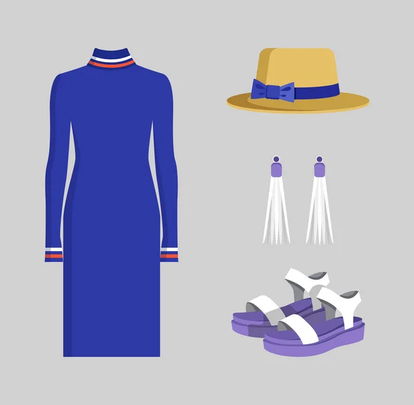Robe bleue longue avec accessoires Bannière colorée — Image vectorielle