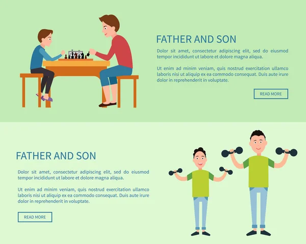 Vater und Sohn Webposter mit Druckknopf lesen — Stockvektor