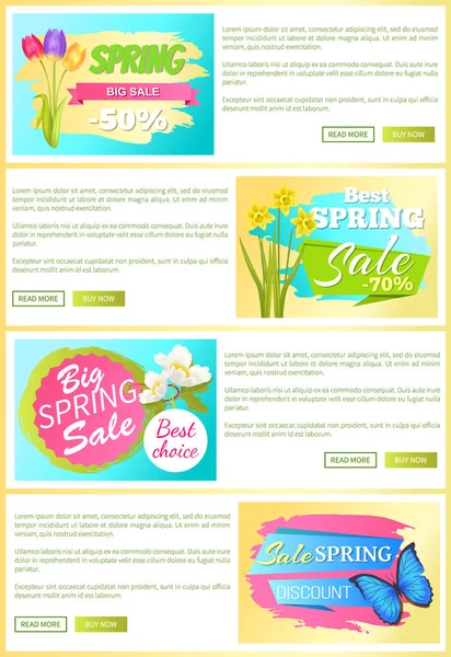 Prodej sada webových plakáty samolepky narcisy tulipány — Stockový vektor