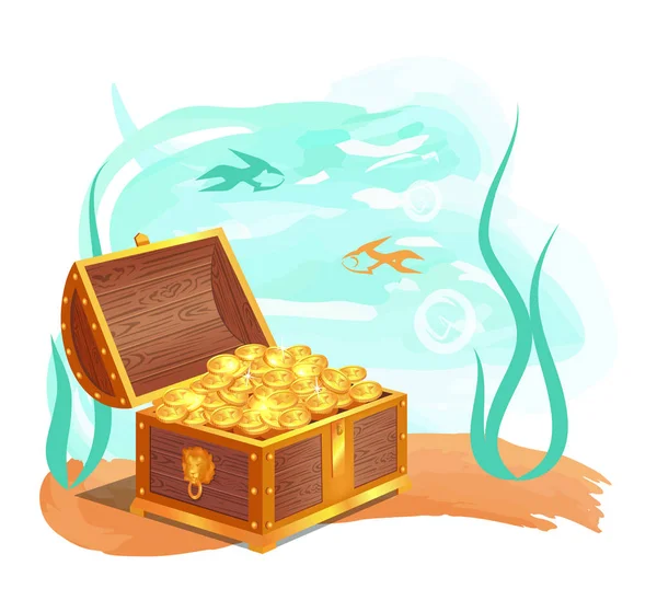 Tesori d'oro in cassa di legno al fondo dell'oceano — Vettoriale Stock