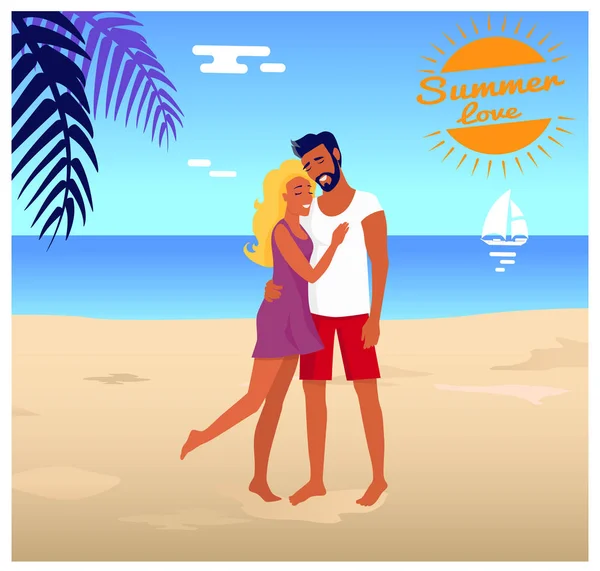 Пара стоїть і обіймає на пляжі в Тінь пальми — стоковий вектор