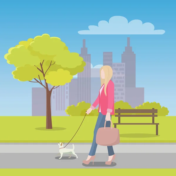 La donna cammina con il cagnolino nel parco vicino alla città — Vettoriale Stock