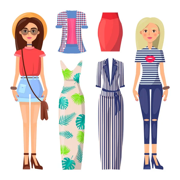 Stijlvolle meisjes met moderne zomer kleren instellen — Stockvector