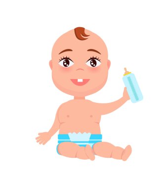 Mutlu bebek bezi içinde elinde şişe süt tutun