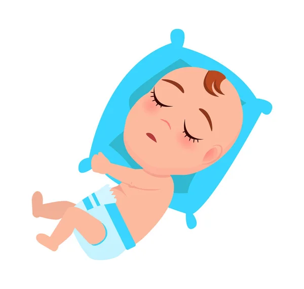 Bambino neonato in pannolino dorme sul vettore cuscino blu — Vettoriale Stock