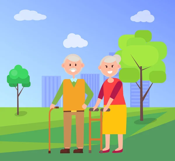 Großeltern gehen im Sommer gemeinsam im Park spazieren — Stockvektor