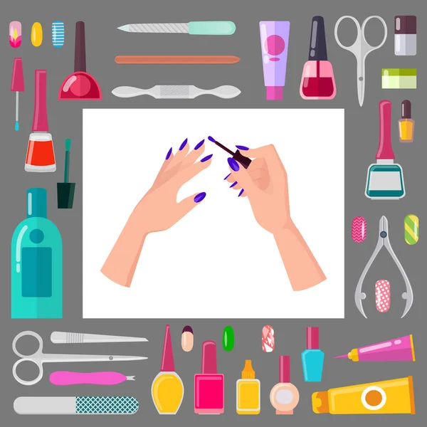 Ensemble mains féminines avec manucure et outils pointus — Image vectorielle