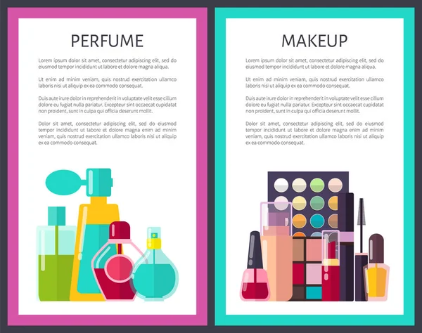 Paire de cartes multicolores de maquillage et de parfum — Image vectorielle