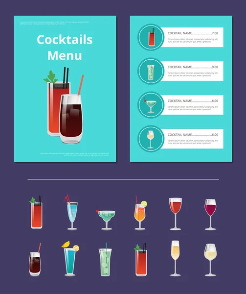 Affiche Menu Cocktails avec Bloody Mary et Whiskey — Image vectorielle
