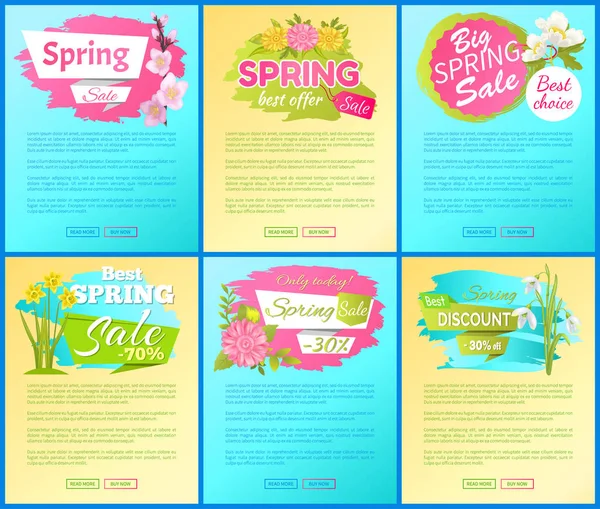 En iyi açılış sayfaları kümesi, daisy kiraz nergis kardelen anemon çiçekleri vektör bahar büyük satış reklam sunuyoruz. Bahar çiçekleri ile promo etiket