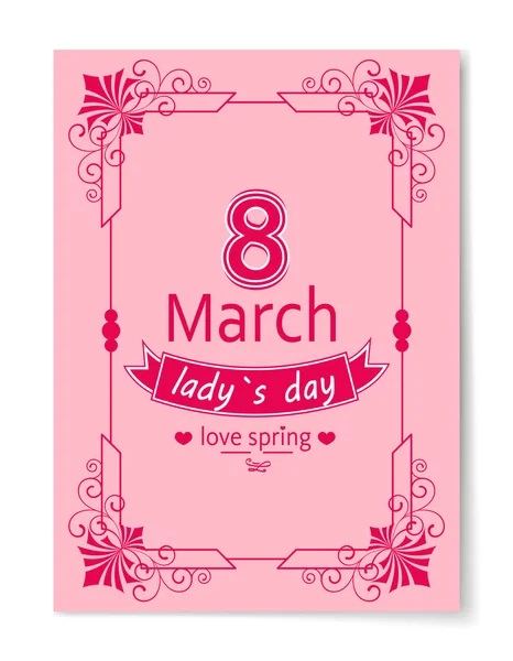 8 Μαρτίου ημέρα γυναικών καλύτερα επιθυμούν καρτ ποστάλ Swirly κορνίζα — Διανυσματικό Αρχείο