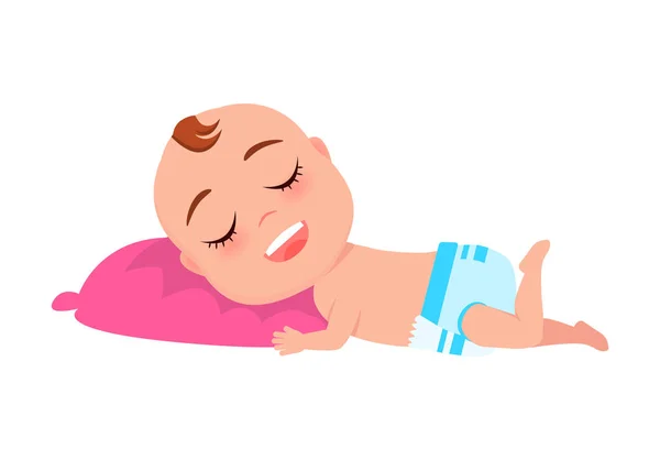 Bebé lactante en pañal duerme en un vector de almohada rosa — Archivo Imágenes Vectoriales
